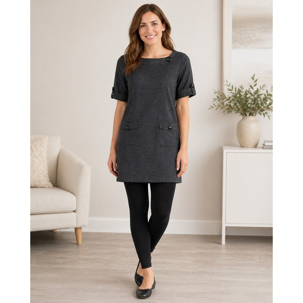 Yume Sweater Dress Womens 1 Small Gray Lagenlook Fleece Pockets Buttons